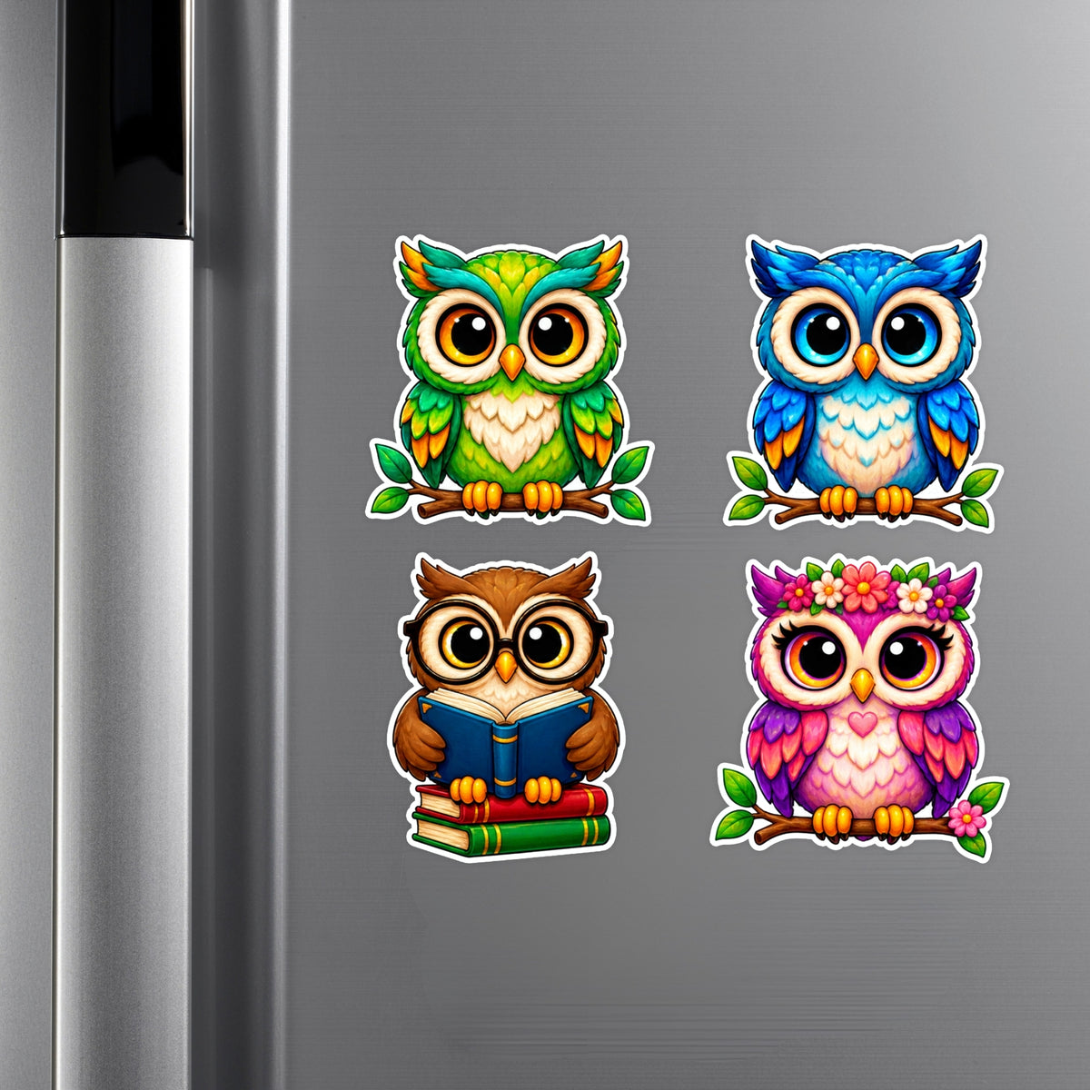 Cute Colorful Owl Sticker Set of 4 Applied on Cupboard by STIXY