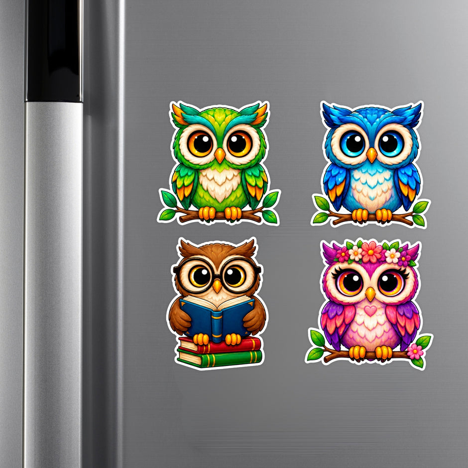 Cute Colorful Owl Sticker Set of 4 Applied on Cupboard by STIXY