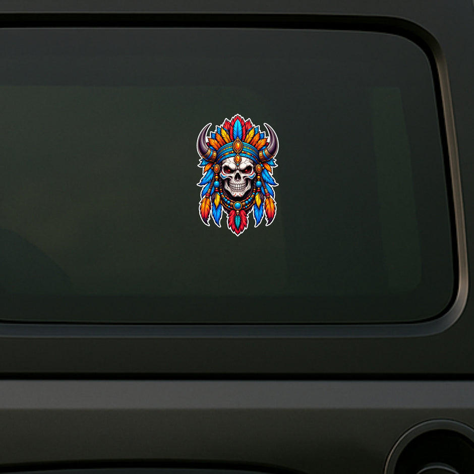 Colorful Tribal Skull Feather Headdress Sticker Applied on Car by STIXY