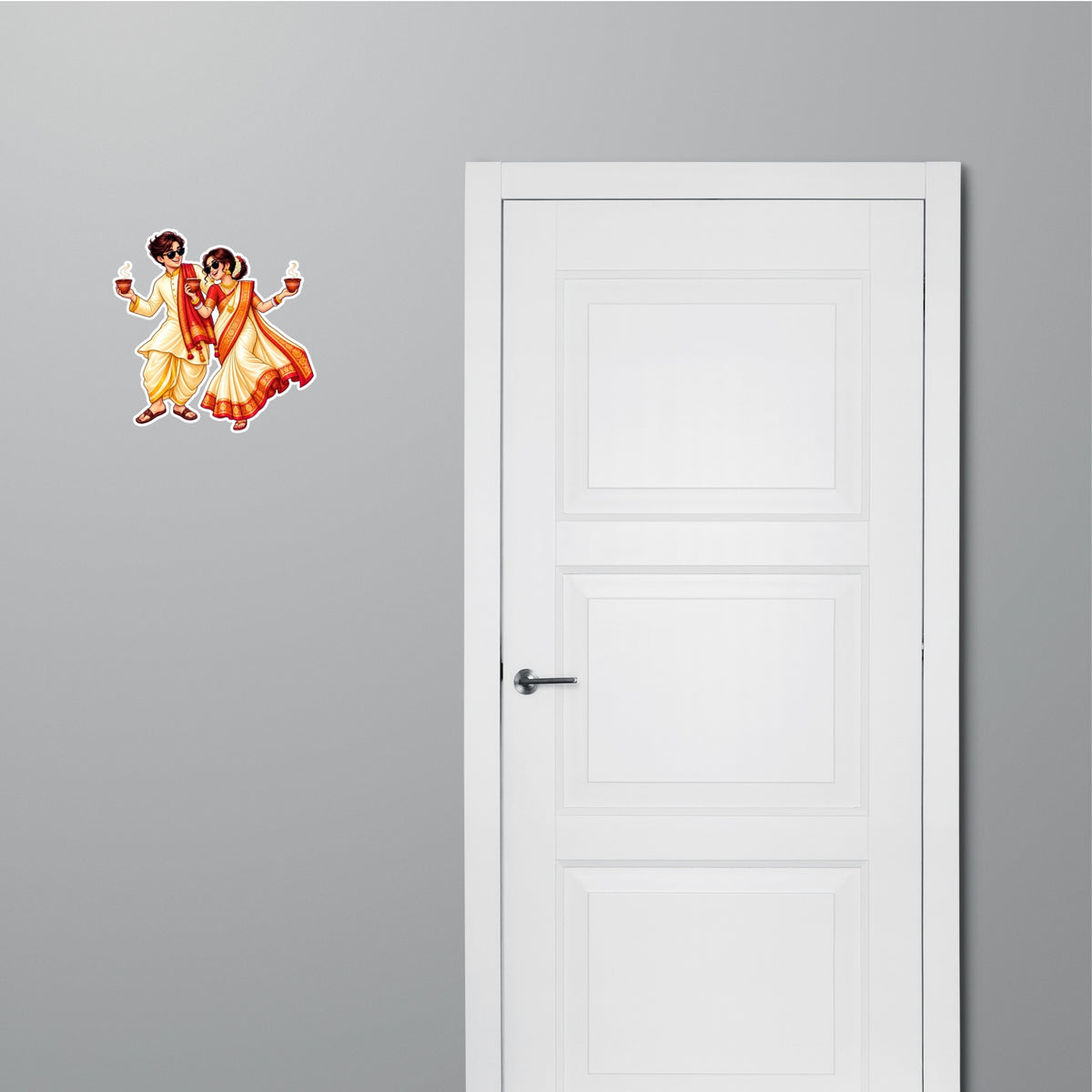 Bengali Traditional Couple Durga Puja Decorative Sticker Applied Near Door by STIXY