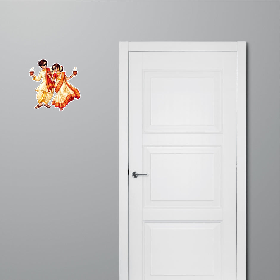 Bengali Traditional Couple Durga Puja Decorative Sticker Applied Near Door by STIXY