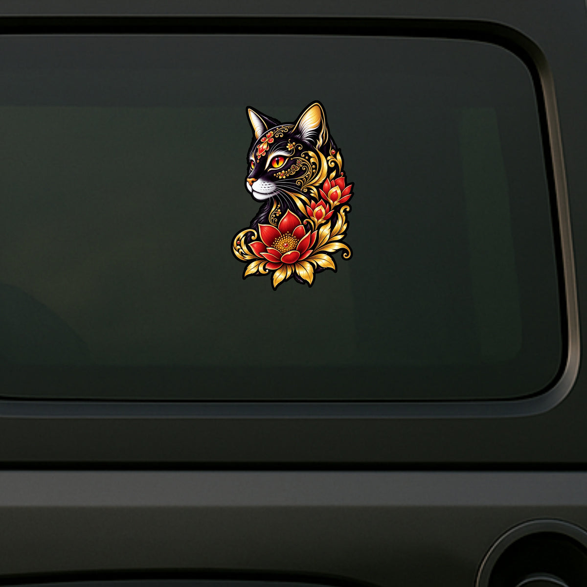 Black Cat Floral Art Waterproof Vinyl Sticker Applied on Car by STIXY