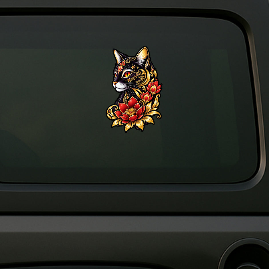 Black Cat Floral Art Waterproof Vinyl Sticker Applied on Car by STIXY