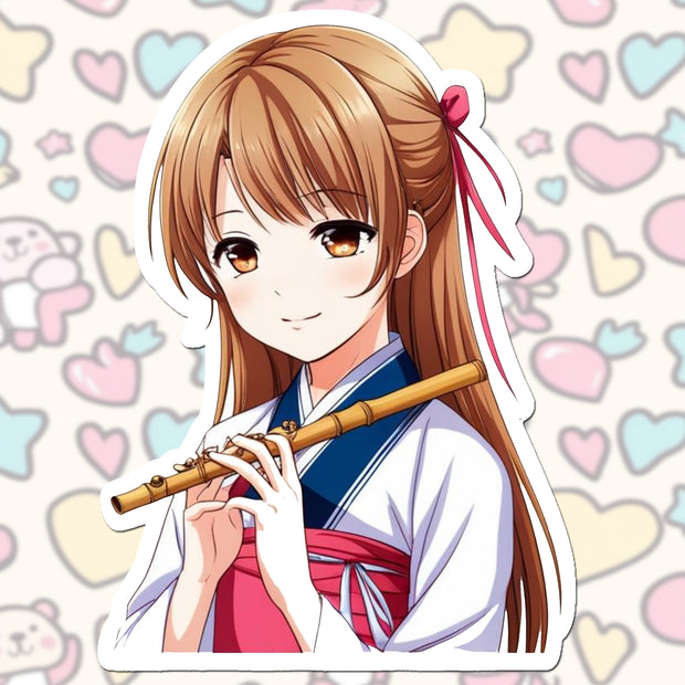 Flute Girl – Elegant Anime Musician Vinyl Sticker premium product image 1