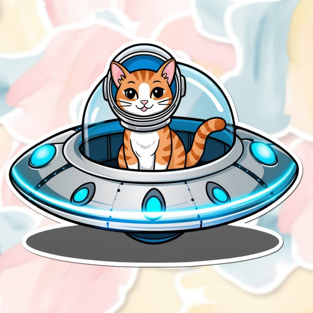 Space Cat in UFO – Funny Alien Cat Vinyl Sticker premium product image 1