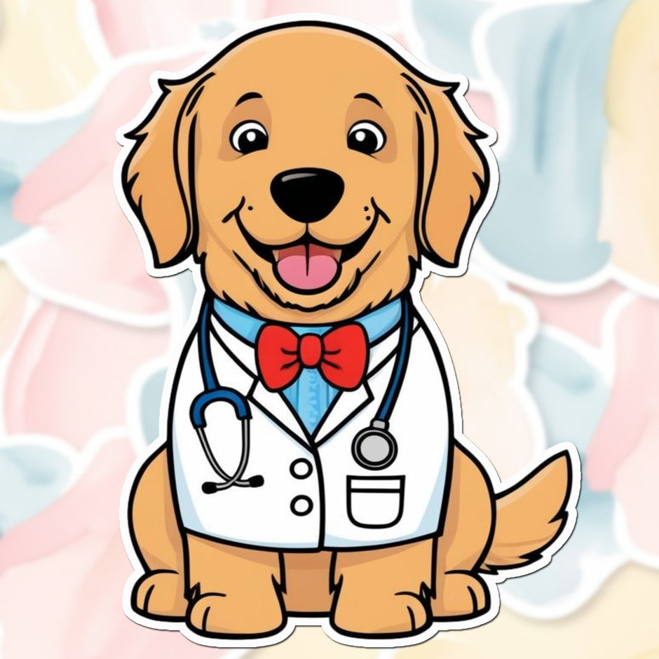 Doctor Dog Vinyl Sticker – Cute Golden Retriever in Lab Coat premium product image 1