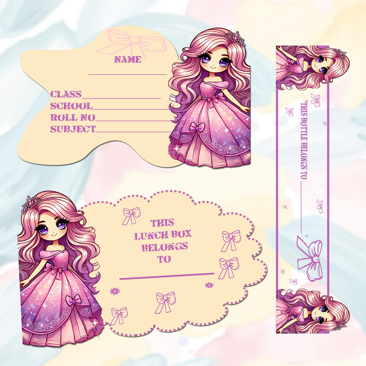 Princess School Sticker Set – Book, Lunchbox & Bottle Name Labels premium product image 1