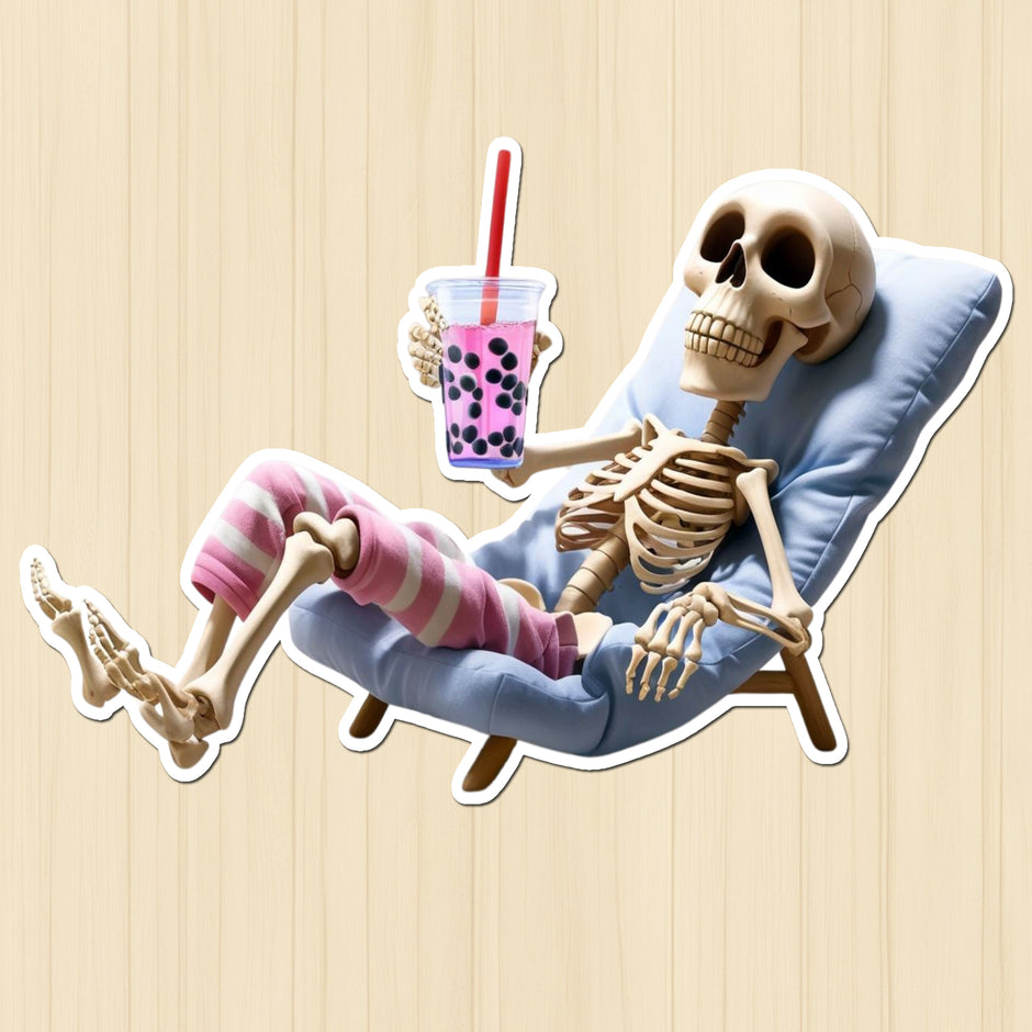 Lazy Bones & Boba – Funny Skeleton Sticker premium product image 1