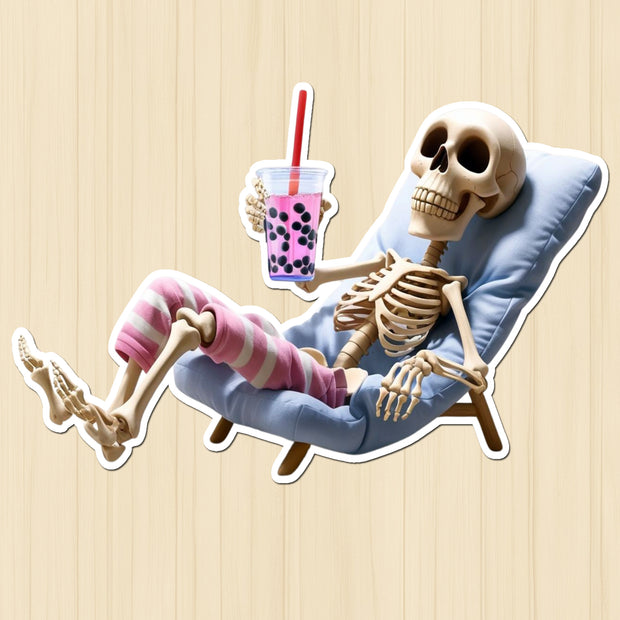 Lazy Bones & Boba – Funny Skeleton Sticker premium product image 1