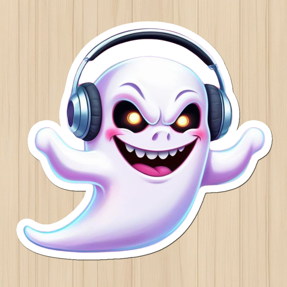 Groovy Ghost Sticker – Spooky Cool with Headphones premium product image 1