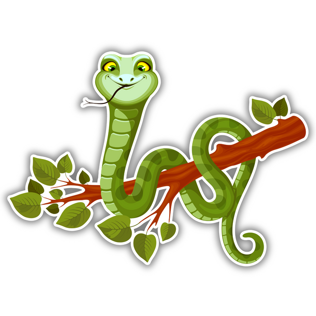 Hanging Snake on Branch – Cartoon Vinyl Sticker | Jungle-Themed Reptile Decal premium sticker image view 1
