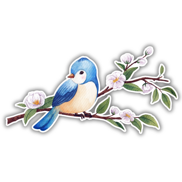 Watercolor Bluebird on Cherry Blossom Branch – Aesthetic Vinyl Sticker | Artistic Nature Sticker premium sticker image view 1