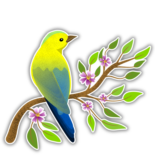 Colorful Songbird on Blooming Branch – Nature Vinyl Sticker | Cute Bird Sticker premium sticker image view 1