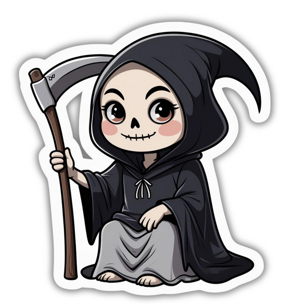 Cute Grim Reaper – Funny Skeleton Vinyl Sticker | Kawaii Death with Scythe Decal premium sticker image view 1