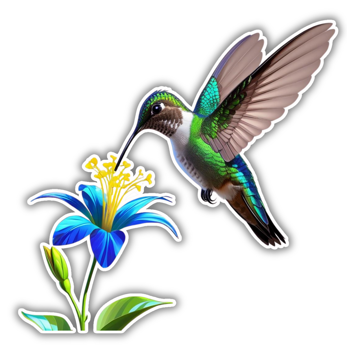 Hummingbird with Blue Flower – Nature-Inspired Vinyl Sticker | Realistic Floral & Bird Decal premium sticker image view 1