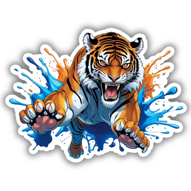 Splash Pounce Tiger – Fierce Vinyl Sticker | 3D Wild Jungle Attack premium sticker image view 1