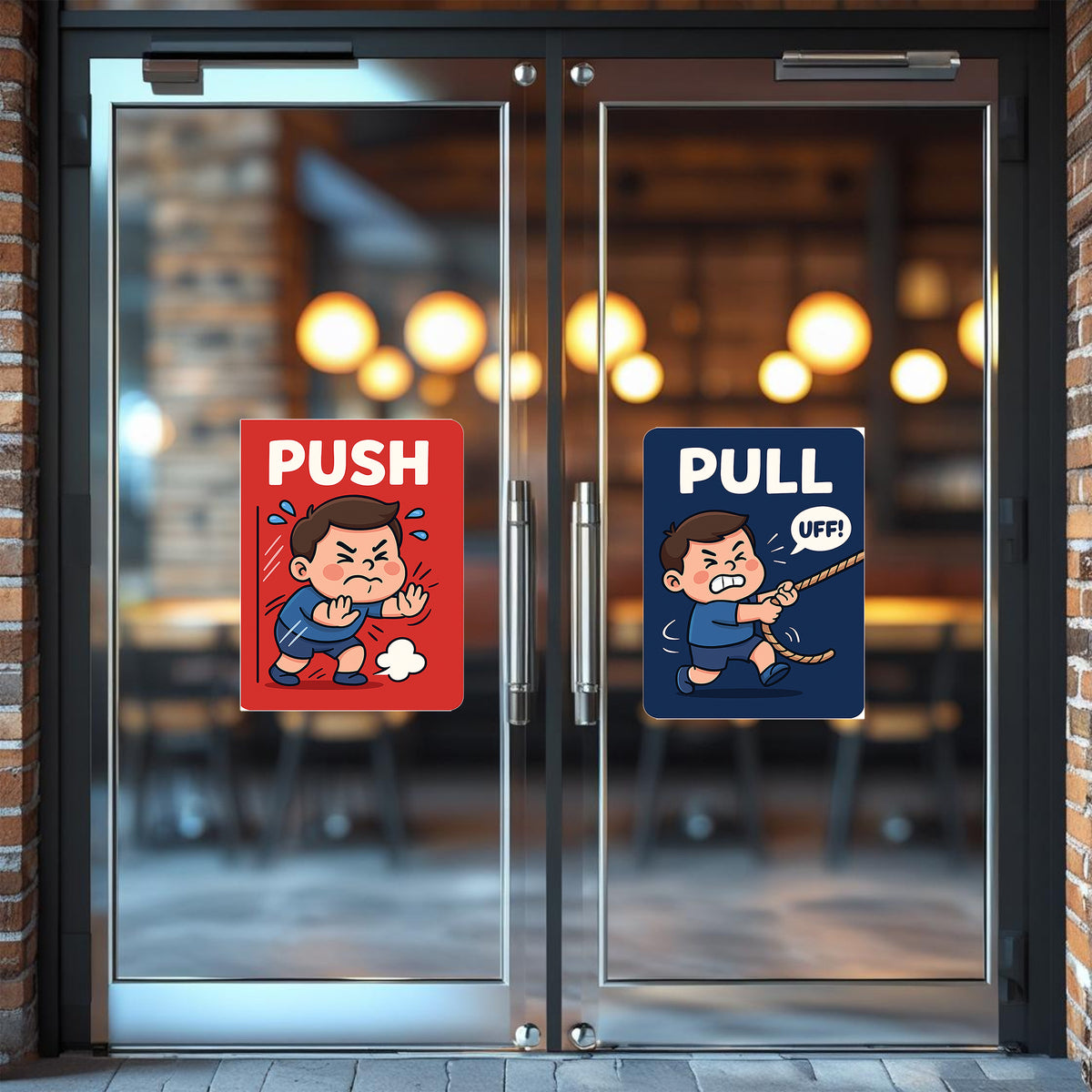 Premium Push & Pull Door Sticker Set – Angry Boy Cartoon with Rope and Uff Expression premium sticker image view 1