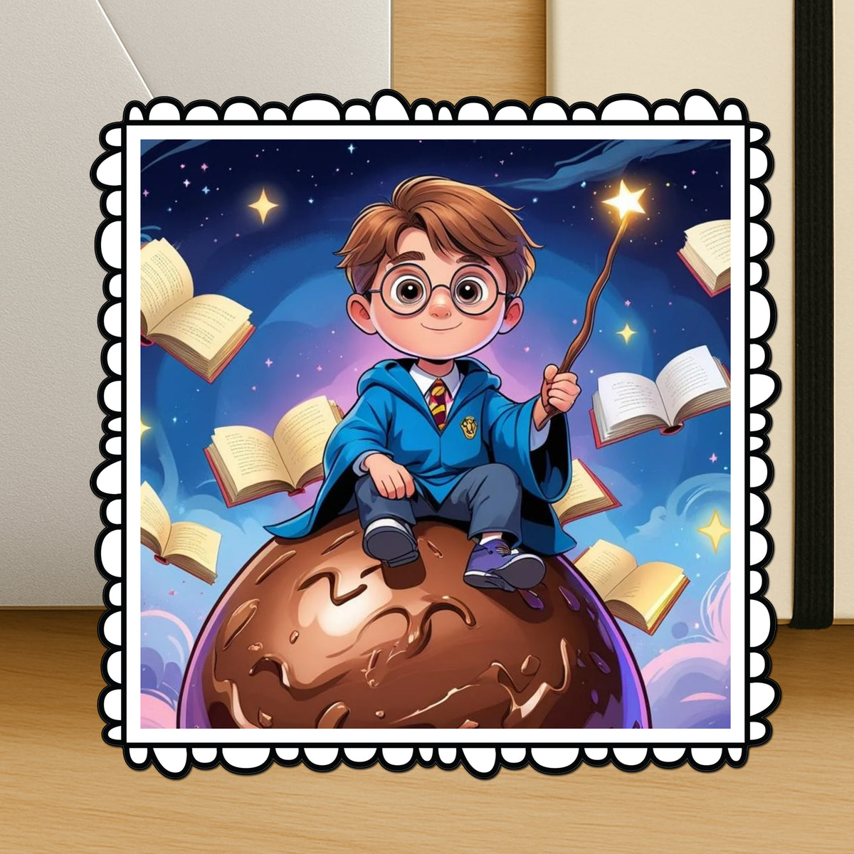 Cute Wizard Boy Sticker Magical Cartoon Design With Wand Flying Books Water Resistant premium vinyl sticker product image 2