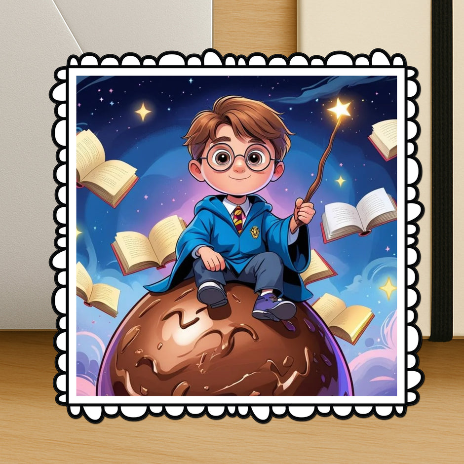 Cute Wizard Boy Sticker Magical Cartoon Design With Wand Flying Books Water Resistant premium vinyl sticker product image 2