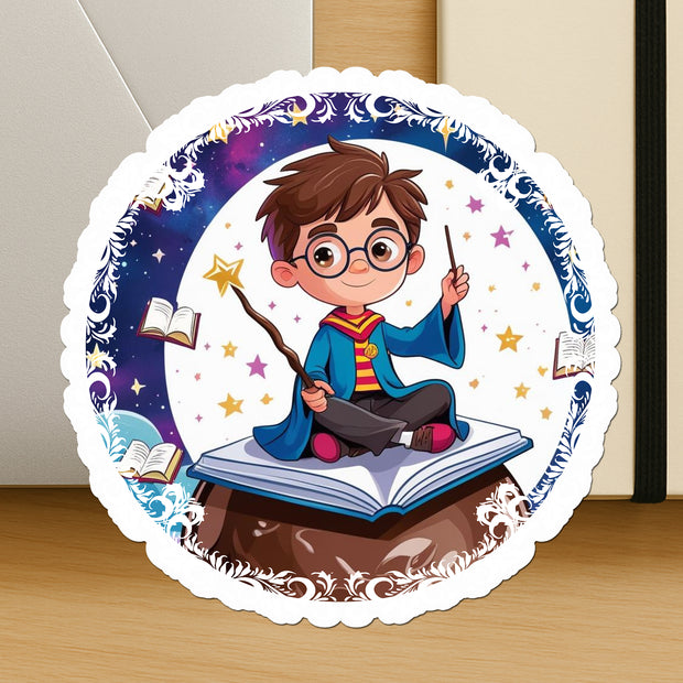 Round Wizard Boy on Book Vinyl Sticker – Magical Theme, Water-Resistant premium vinyl sticker product image 1