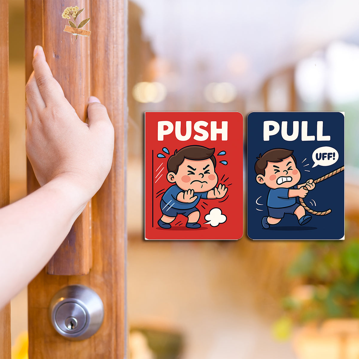 Premium Push Pull Door Sticker Set Angry Boy Cartoon With Rope And Uff Expression premium sticker image view 2