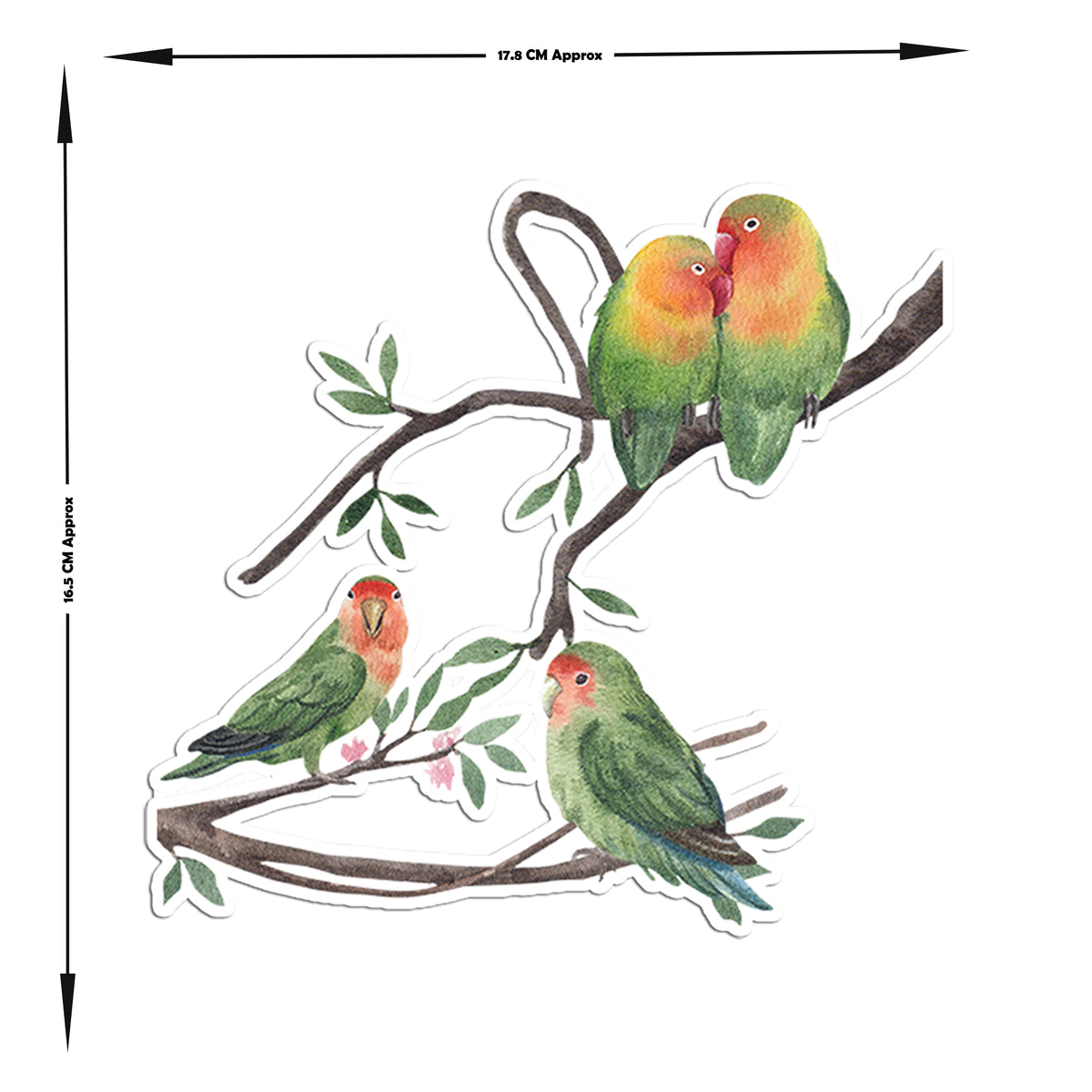 Watercolor Lovebirds Sticker Romantic Parrots On Tree Branch Water Resistant premium vinyl sticker product image 2
